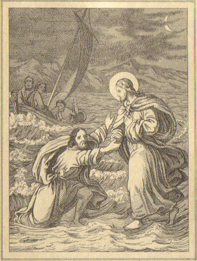 Jesus vandrer paa Soeen . Mt 14.30.31 . Fra 60 Bibelske Billeder.jpg